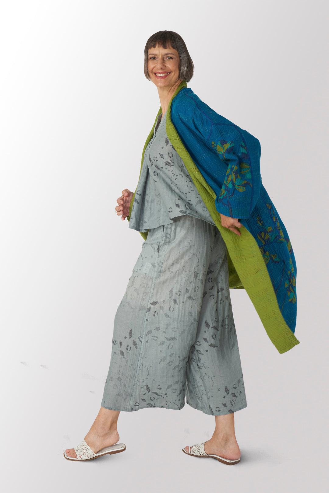 BLOOMING FLOWERS KANTHA SIMPLE ROBE - bf4334-blu -