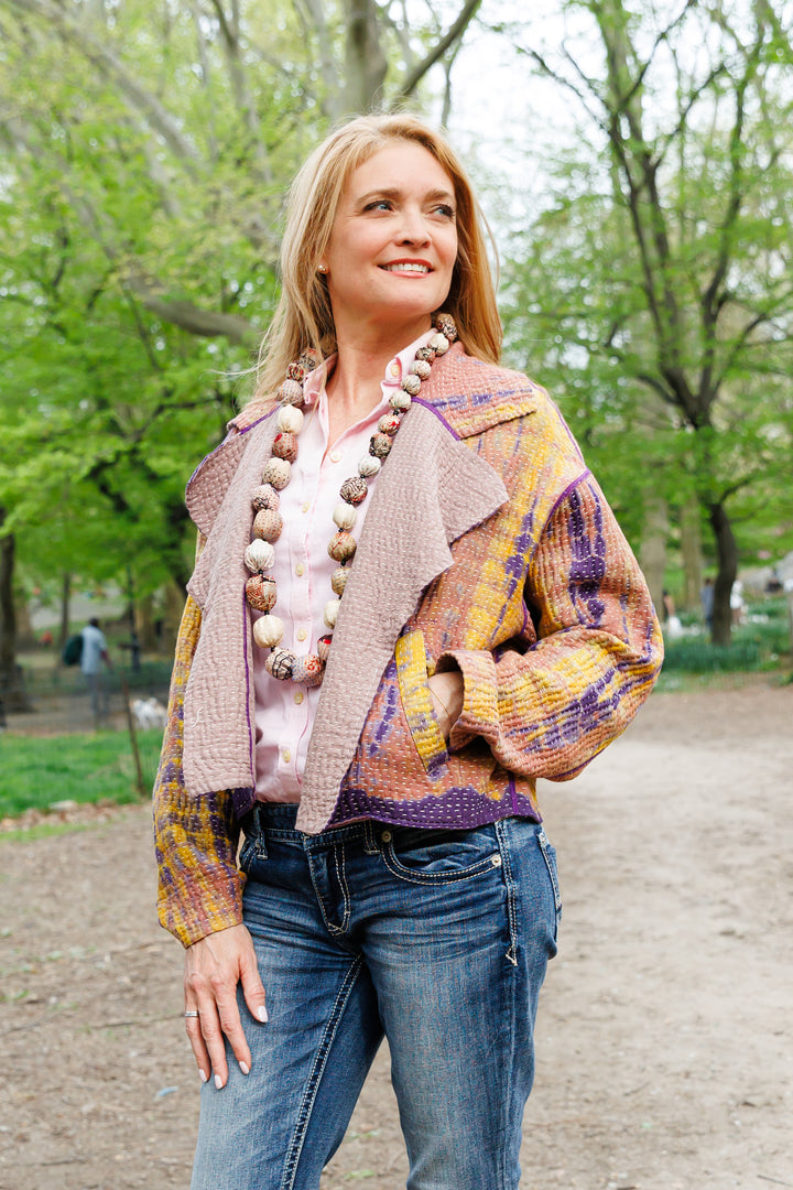 MONE SHIBORI TIE DYE KANTHA LAPELED SINGLE SHORT JACKET - ms5087-prp -