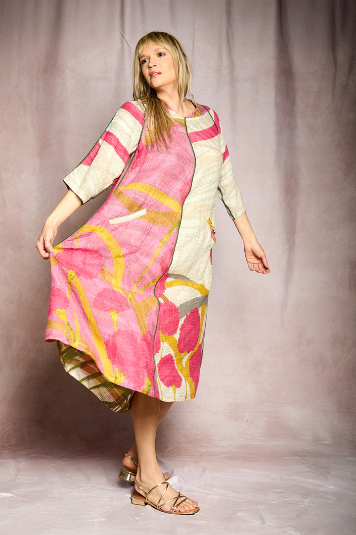 MARIGOLD PRINT KANTHA V-NECK FLARE DRESS - mg2457-pik -