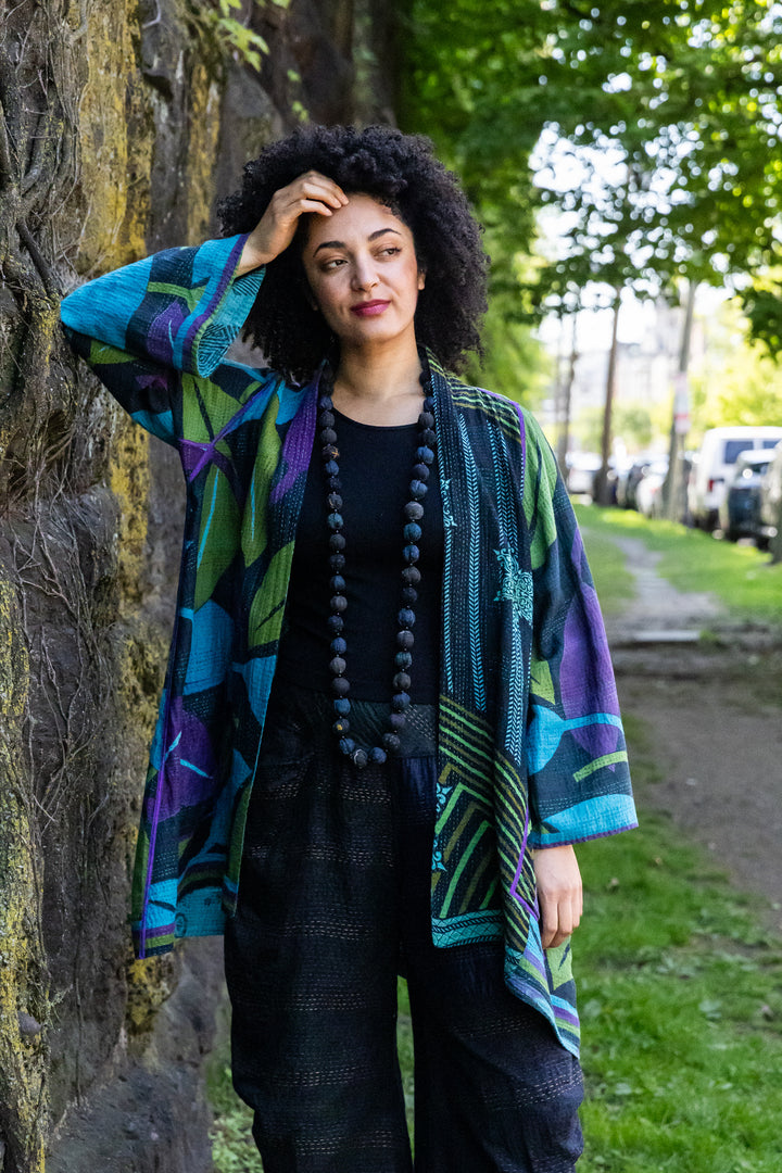VINTAGE COTTON & NEW VOILE KANTHA A-LINE JKT - cn2003-0010a -