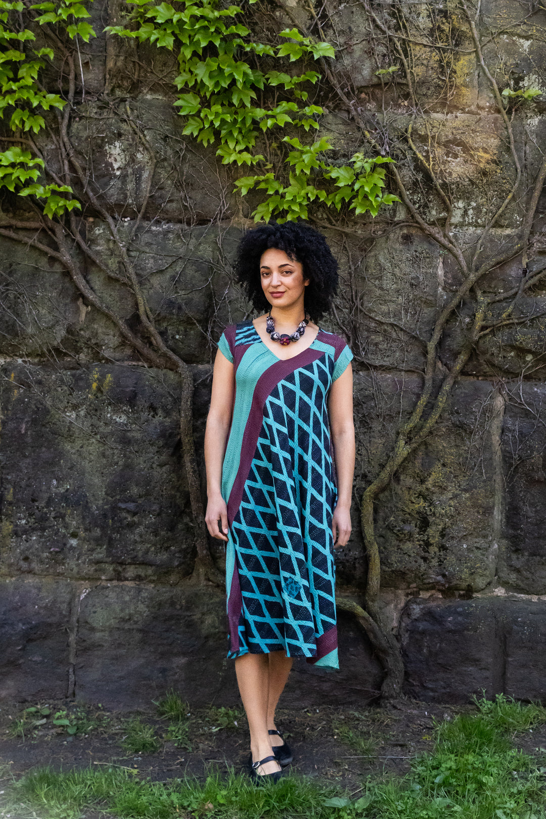 VINTAGE COTTON & NEW VOILE KANTHA CAP SLV. FLARE DRESS - cn2425-0008s -