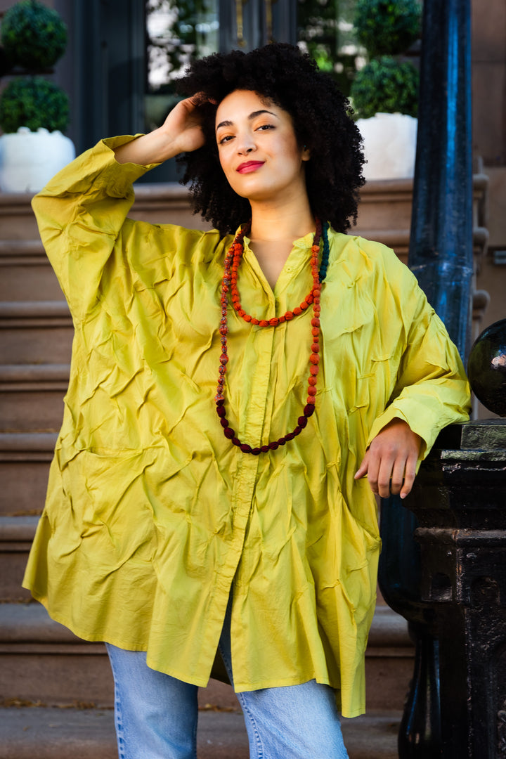 DYED COTTON SILK VOILE WAVY TUCK OVERSIZED SHIRT - dc1555-cha -