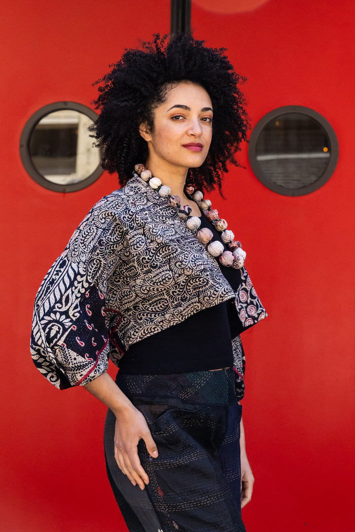 PATCH & CIRCLE PRINT KANTHA PUFF SLV. SHRUG - pc2062-blk -