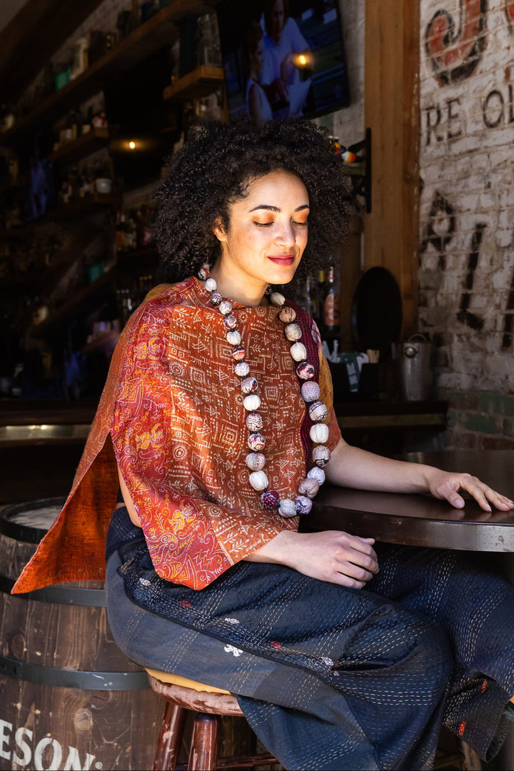 VINTAGE SILK KANTHA LONG CAPE - sv2841-0007a -