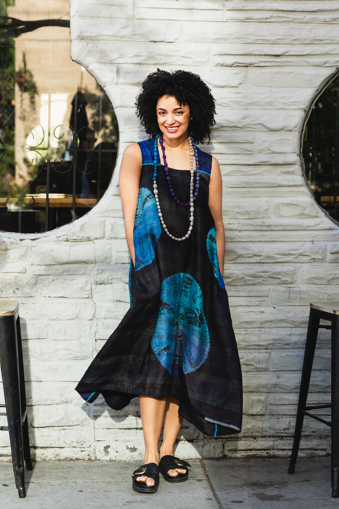 tent blouse TIE DYE CIRCLE SHIBORI KANTHA TENT DRESS - td2413-blu
