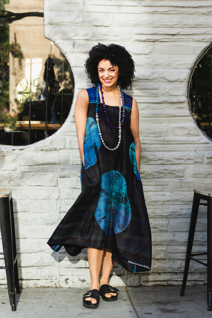 TIE DYE CIRCLE SHIBORI KANTHA TENT DRESS - td2413-blu -