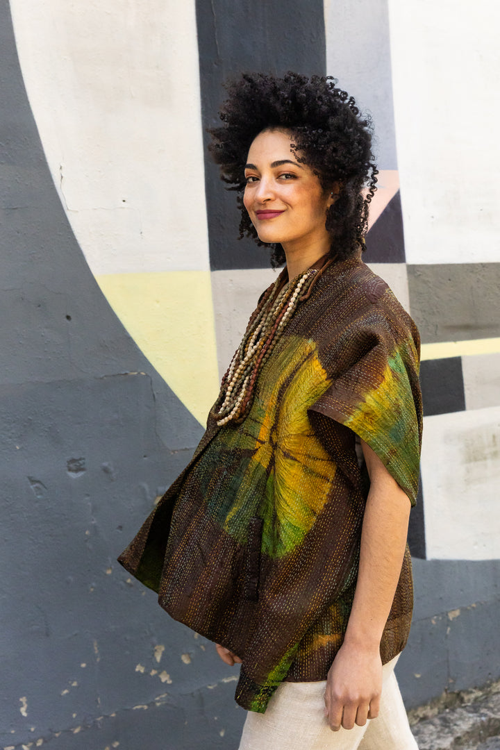 JACQUARD SILK PATCH TIE DYE CIRCLE SHIBORI KANTHA PONCHO TOP - wj2568-grn -