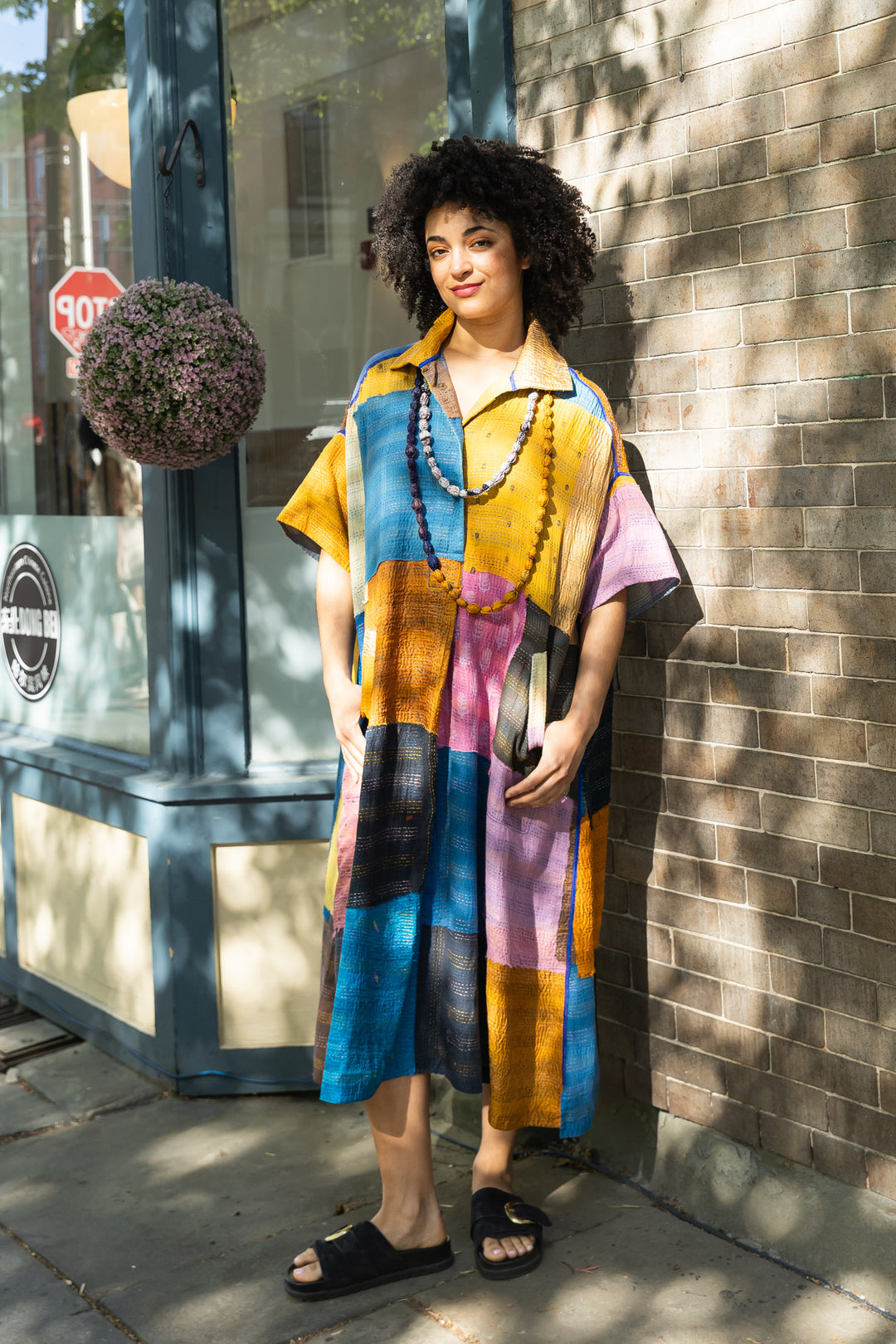 MOSAIC FRAY PATCH KANTHA WITH BLOCK WING COLLAR DRESS - zb2454-mlt -