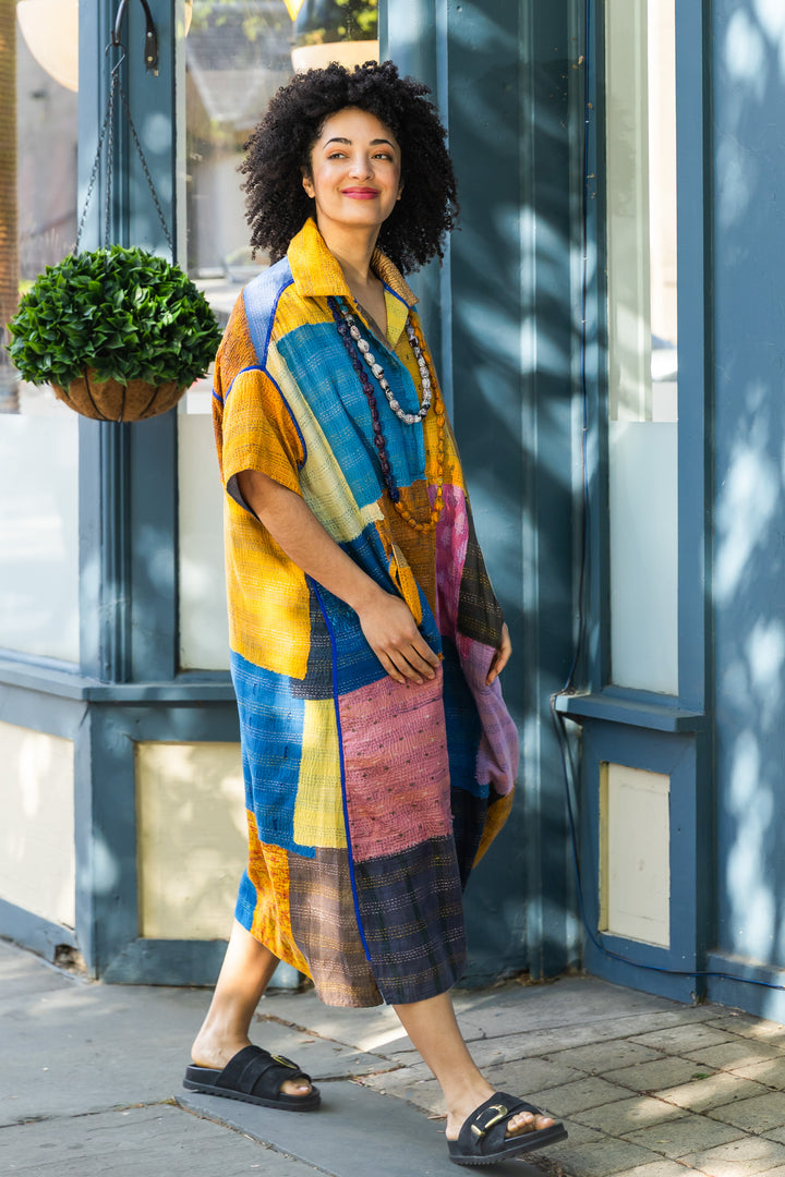 MOSAIC FRAY PATCH KANTHA WITH BLOCK WING COLLAR DRESS - zb2454-mlt -