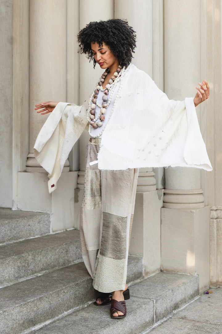 MOSAIC FRAY PATCH KANTHA MID RISE WIDE LEG PANTS - zb2665-ivy -