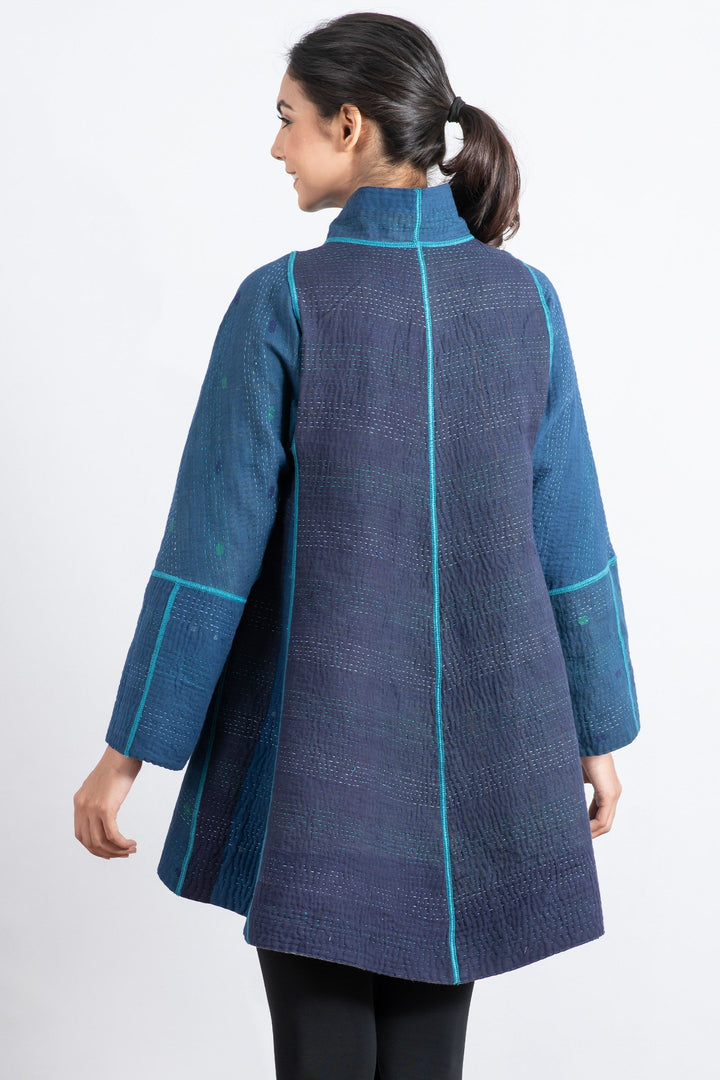 MONOTONE TWILIGHT PRINT KANTHA FLARE LONG JKT - tp4021-blu -