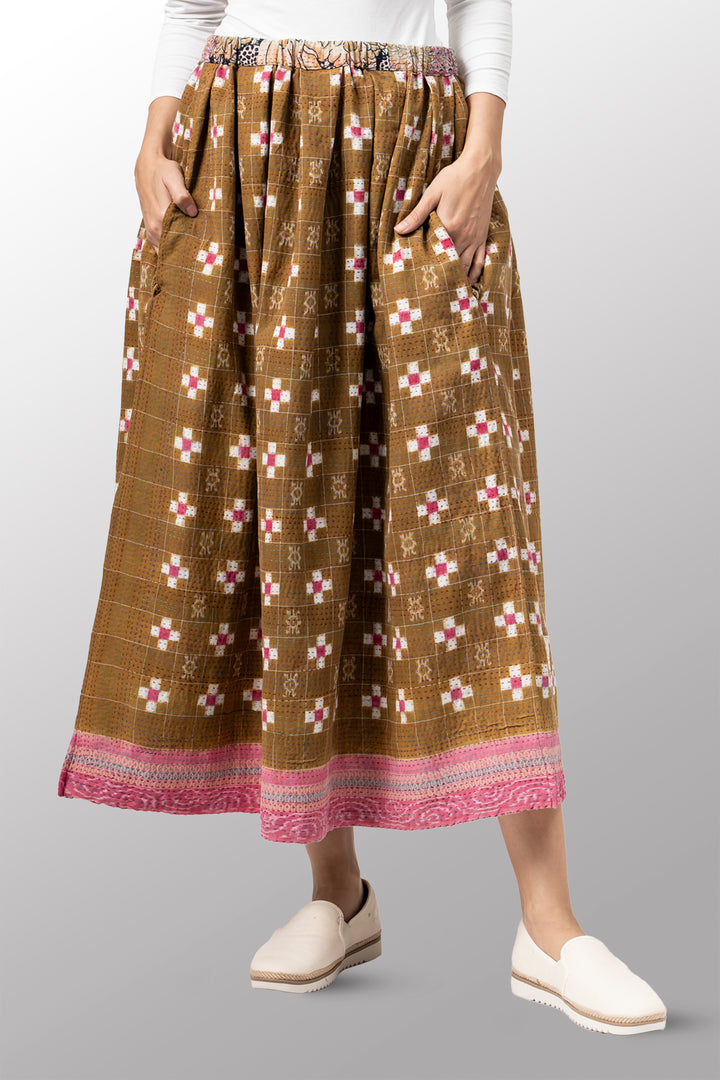 VINTAGE COTTON KANTHA TUCKED GATHER SKIRT - cv2663-0002m -