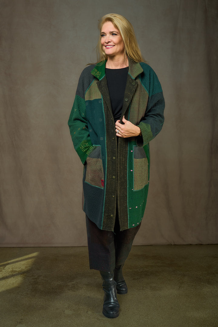 DENIM SUN-DYE KANTHA NEW  RAGLAN SLEEVE COAT - ds3353-grn -