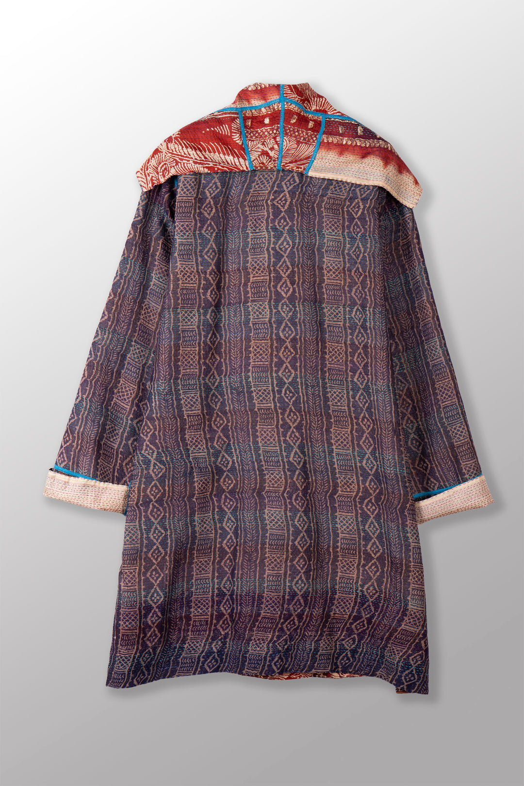 VINTAGE SILK GEORGETTE KANTHA POCKET MEDIUM COAT - sg2316-0001a -