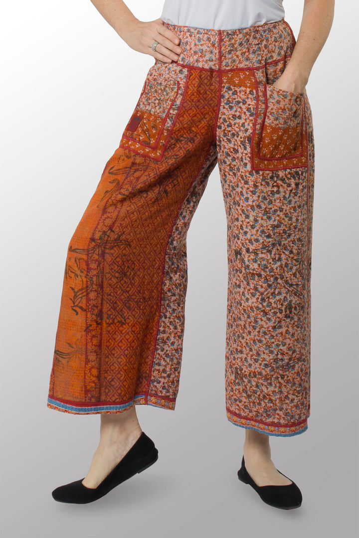 VINTAGE COTTON KANTHA MID RISE WIDE LEG PANTS - cv2665-0002s -