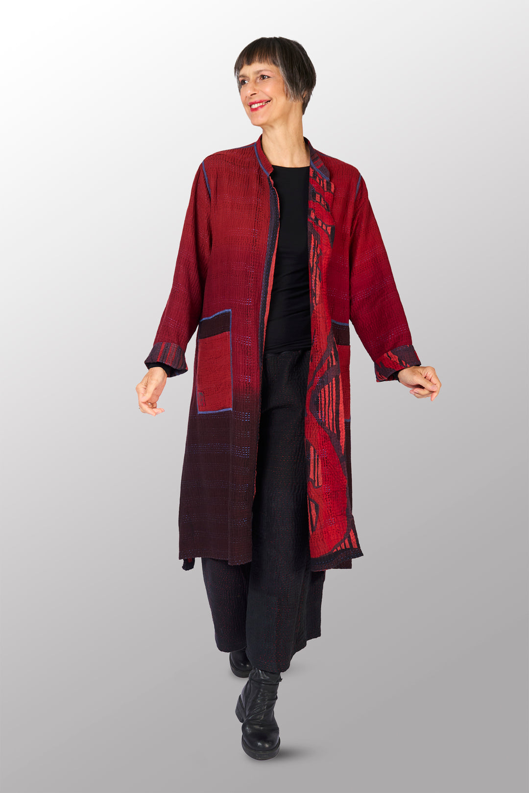 OVERDYED STRIPE AND BENDS KANTHA KAFTAN COAT - ov-sb4343-red -