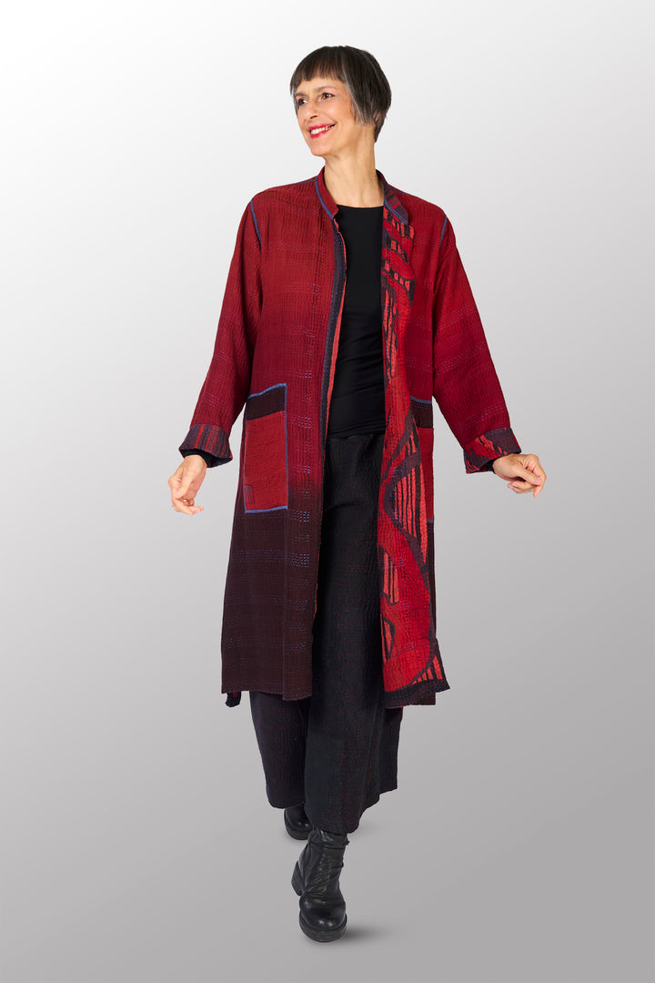OVERDYED STRIPE AND BENDS KANTHA KAFTAN COAT - ov-sb4343-red -