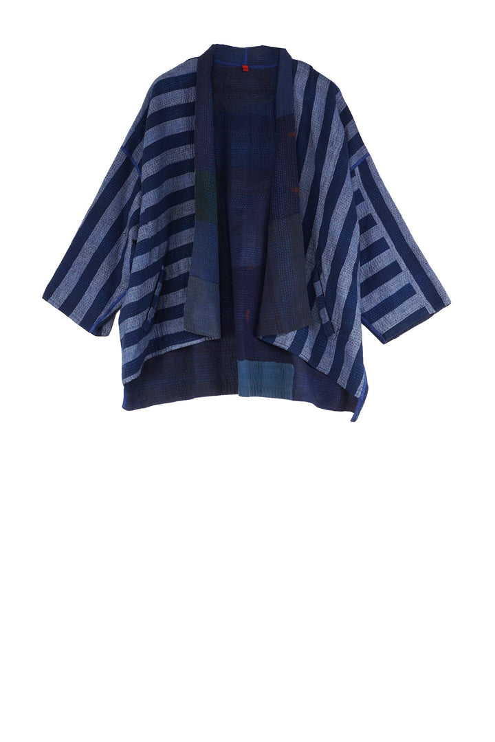 WOVEN STRIPE FRAYED PATCH BACK KANTHA MINI KIMONO JKT - wp2055-nvy -