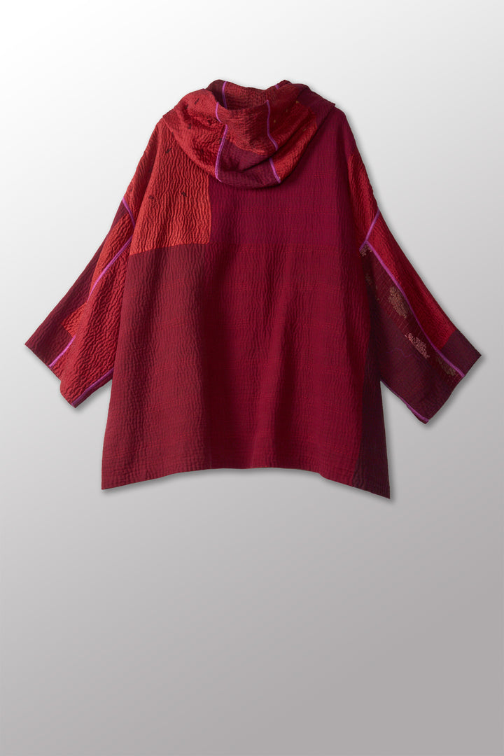 JAIPUR PATCH KANTHA HOODIE PONCHO - jp4064-red -
