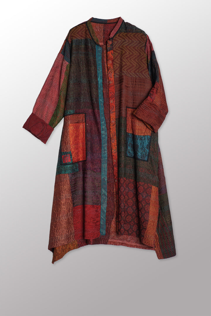 JACQUARD SILK KANTHA KAFTAN COAT - js4343-brn -