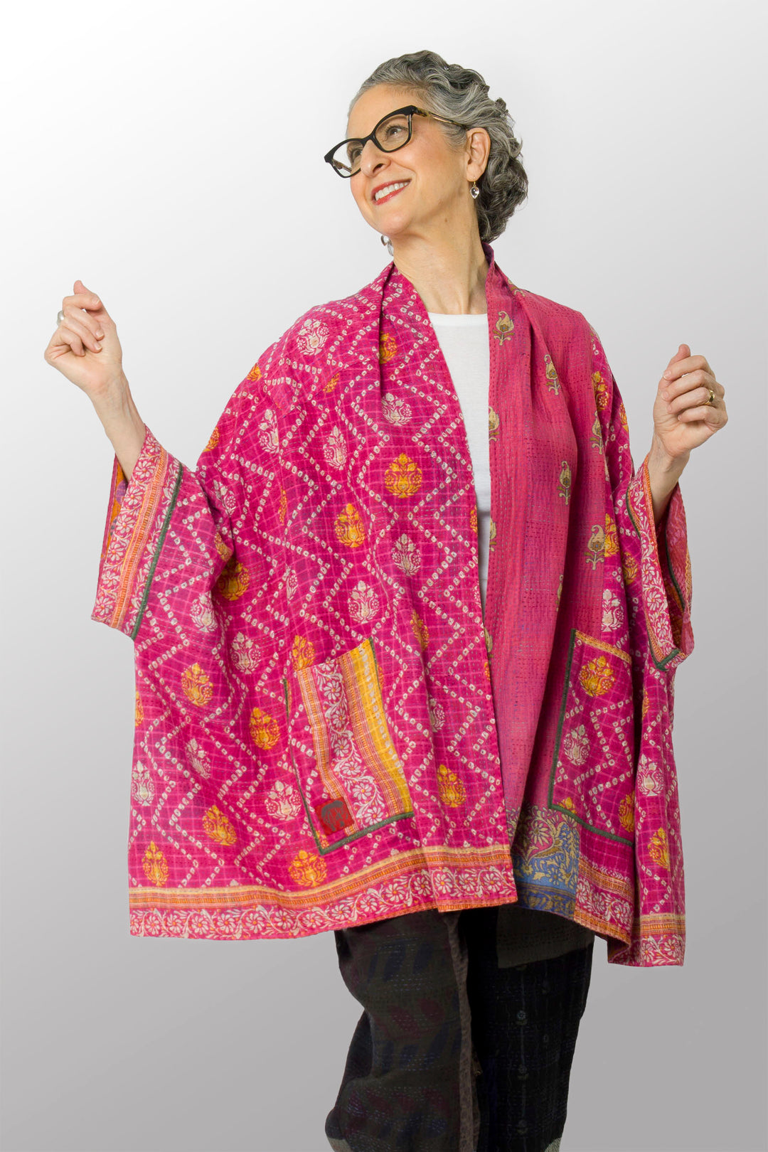 VINTAGE COTTON KANTHA DOUBLE COLLAR PONCHO - cv2323-0007a -