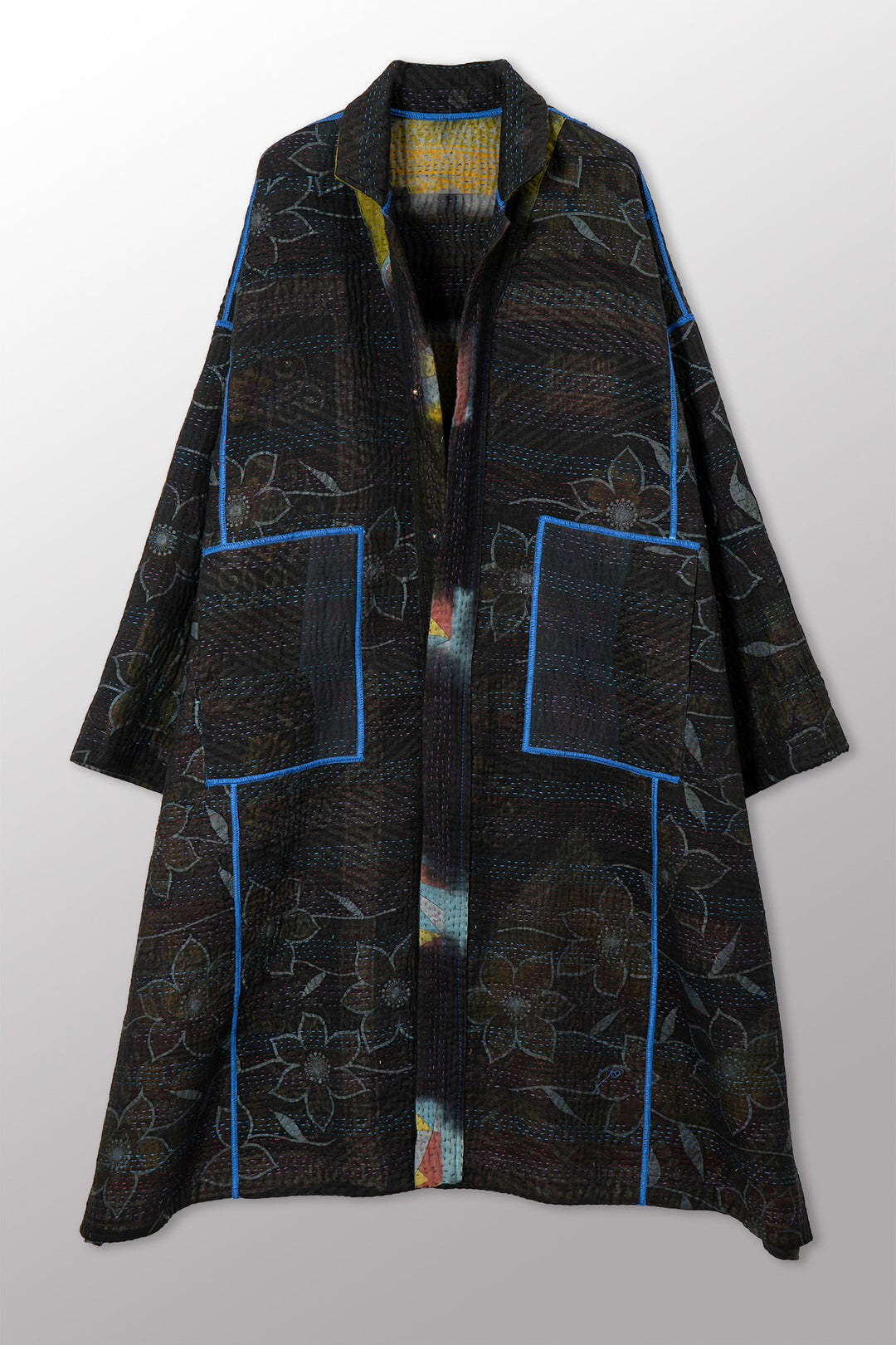VINTAGE COTTON GREY CLAMP TIE DYE KANTHA  NEW OVERSIZED COAT - su4342-0002a -