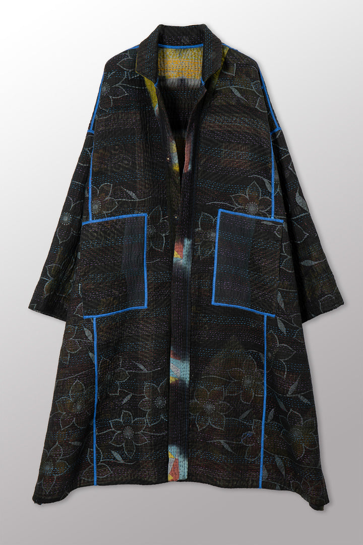 VINTAGE COTTON GREY CLAMP TIE DYE KANTHA  NEW OVERSIZED COAT - su4342-0002a -