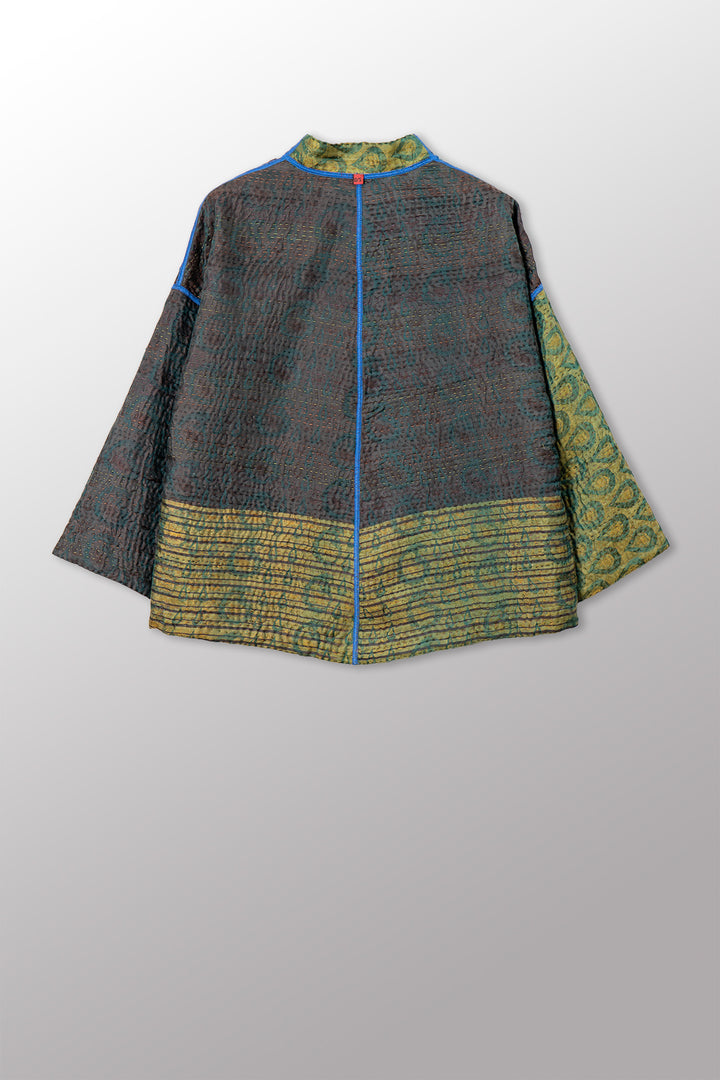 VINTAGE PRINTED SILK CLAMP DYE WITH JACQUARD KANTHA STAND COLLAR CROPPED JACKET - sk4034-0001a -