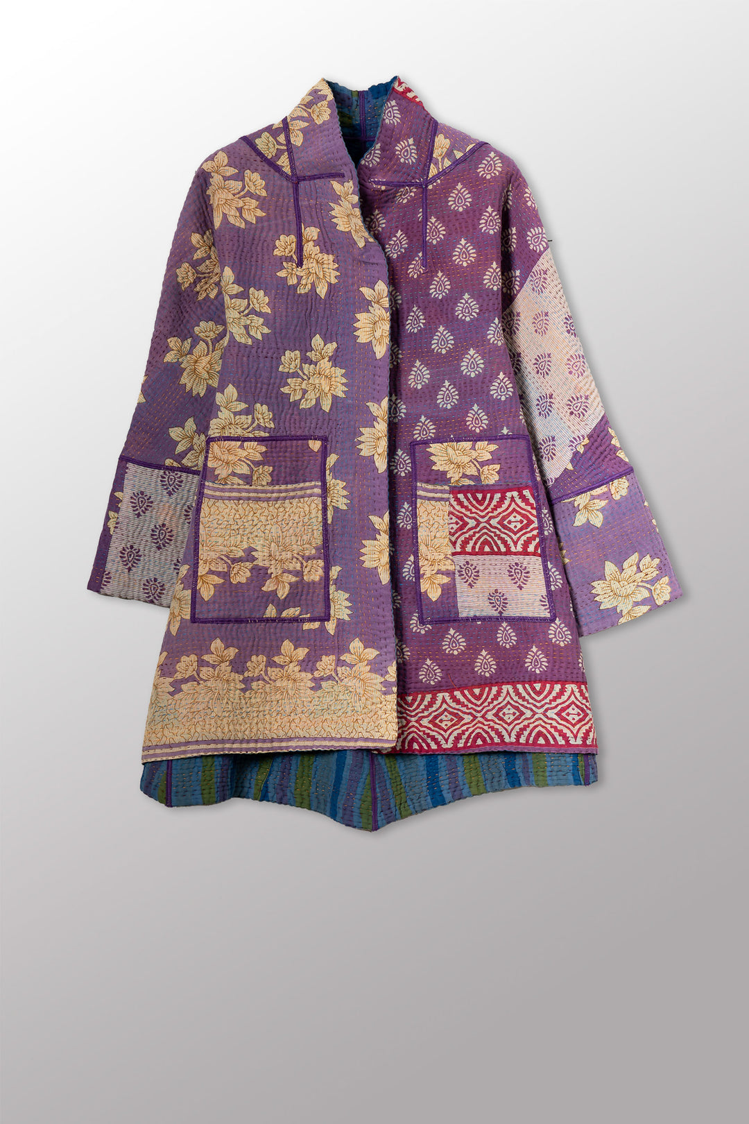 VINTAGE COTTON KANTHA FLARE LONG JACKET - cv4021-0057s -