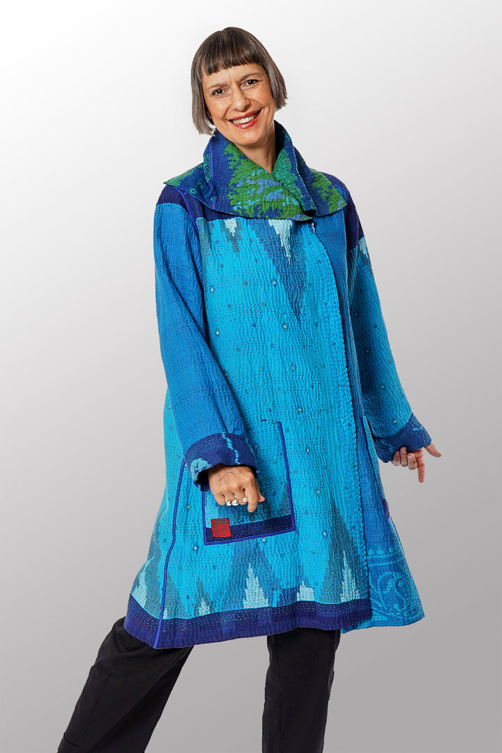 COTTON OVER DYE KANTHA POCKET MEDIUM COAT - ov4316-cblu004a -