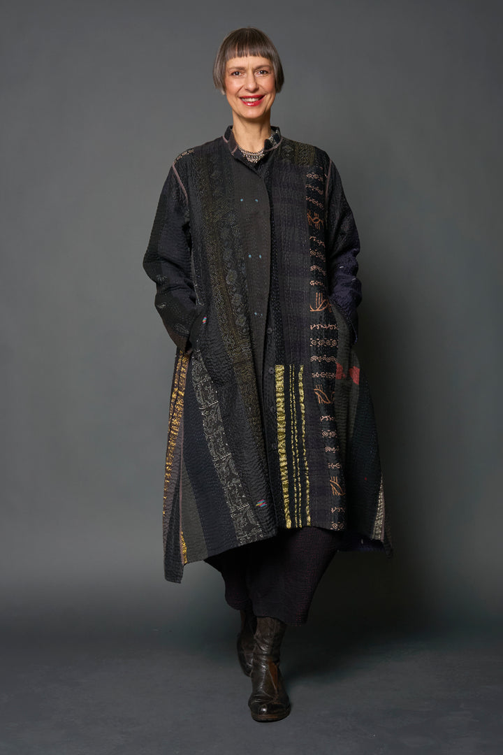 JEWEL WOVEN WITH VERTICAL PATCH KANTHA KAFTAN COAT - jv4343-blk -