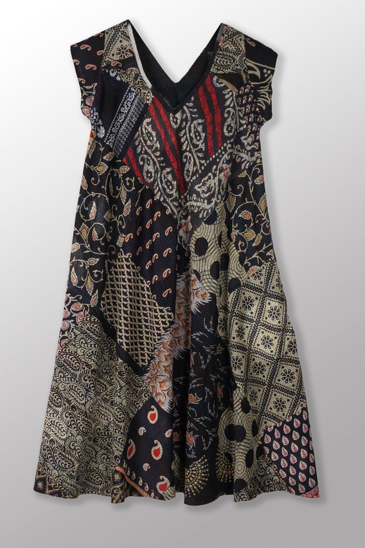 PATCH & CIRCLE PRINT KANTHA CAP SLV. FLARE DRESS - pc2425-blk -