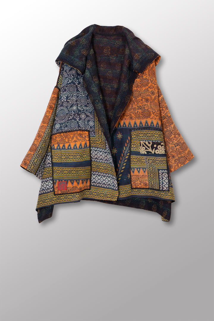 VINTAGE SILK GEORGETTE COTTON KANTHA HOODIE PONCHO - gc2064-0001a -