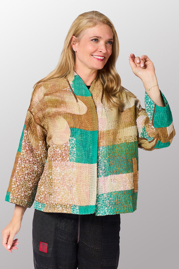 VINTAGE COTTON KANTHA STAND COLLAR CROPPED JKT - cv4034-0158a -