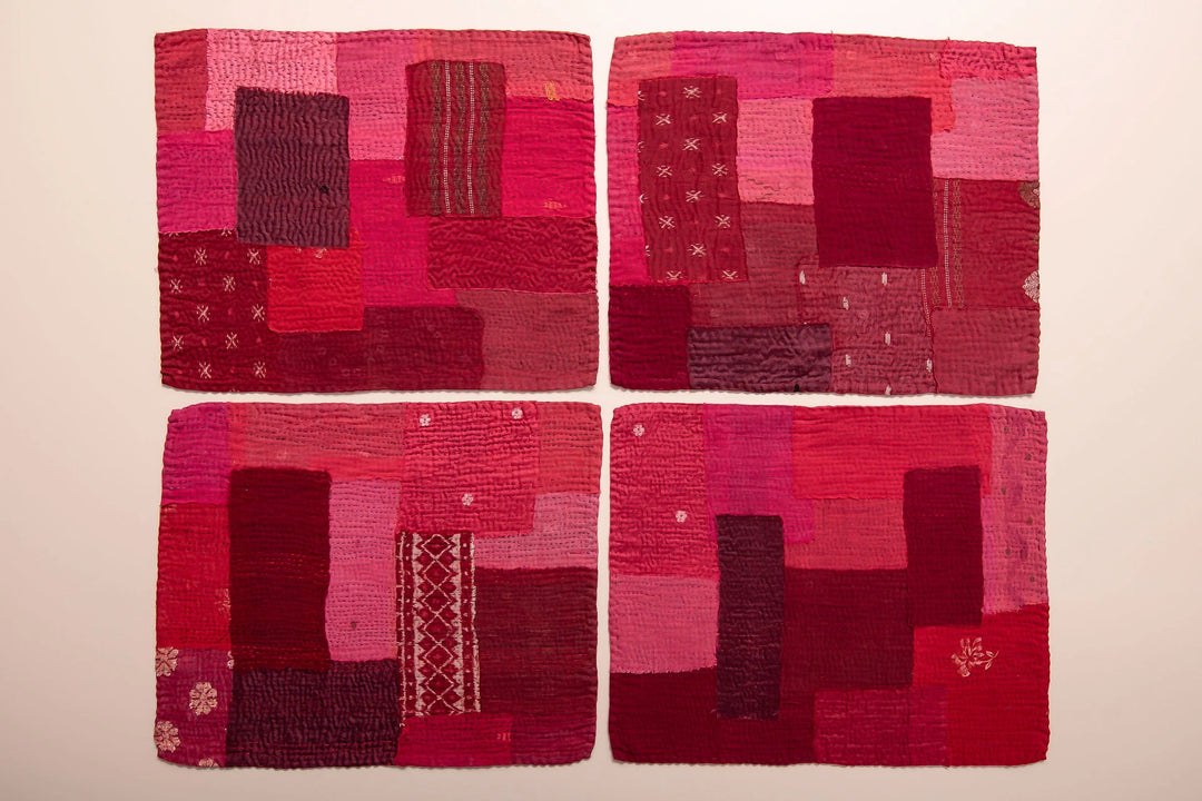 Landscape Fray Patch Kantha Placemat -Red (Set of 2)