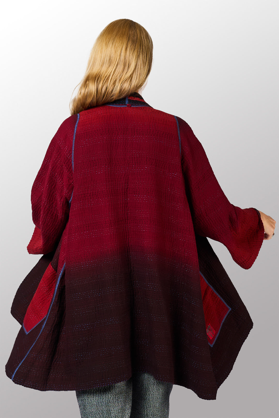 OVERDYED STRIPE AND BENDS KANTHA A-LINE JACKET - ov-sb4003-red -