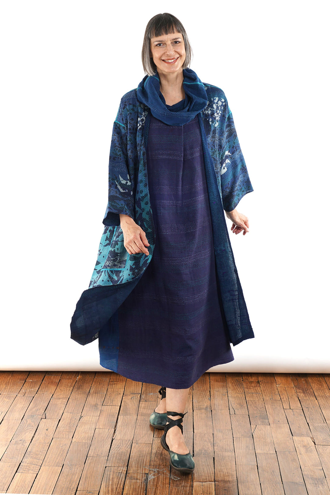 MONOTONE TWILIGHT PRINT KANTHA LONG DUSTER - tp2328-blu -