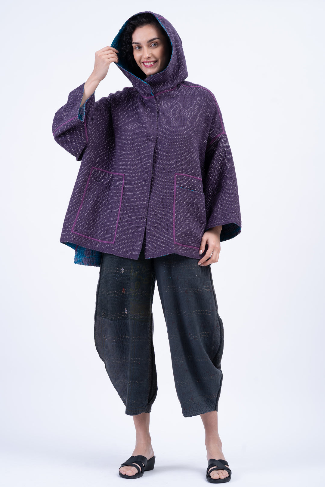 MONE SHIBORI TIE DYE KANTHA HOODIE PONCHO - ms5064-tuq -