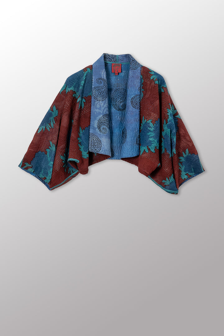 VINTAGE SILK GEORGETTE COTTON KANTHA PUFF SLV. SHRUG - gc4062-0004a -