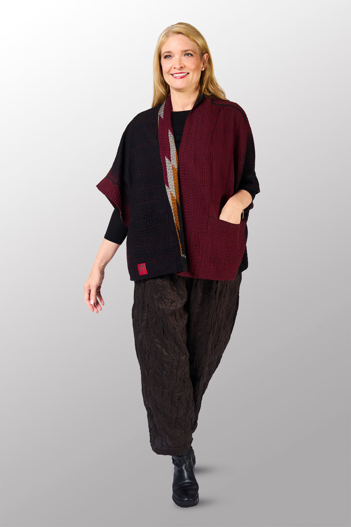 WOVEN HANDLOOM IKAT WITH OMBRE KANTHA MINI PONCHO - wh4060-red -