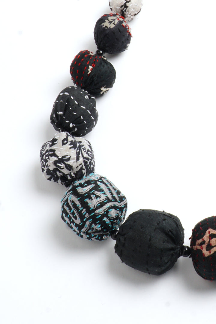 VINTAGE SILK KANTHA NUTS MEDIUM NECKLACE - sv2701-blk -