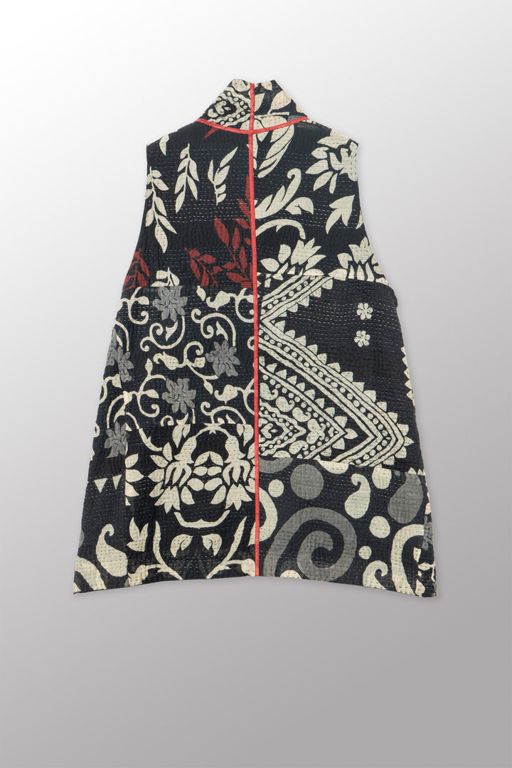 BLACK AND WHITE PRINT PATCH KANTHA KIMONO VEST SHORT - pn4248-blk -