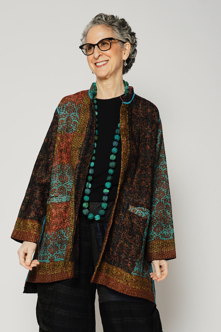 BAGH PRINT KANTHA KAFTAN JACKET MEDIUM - bg4089-brn -