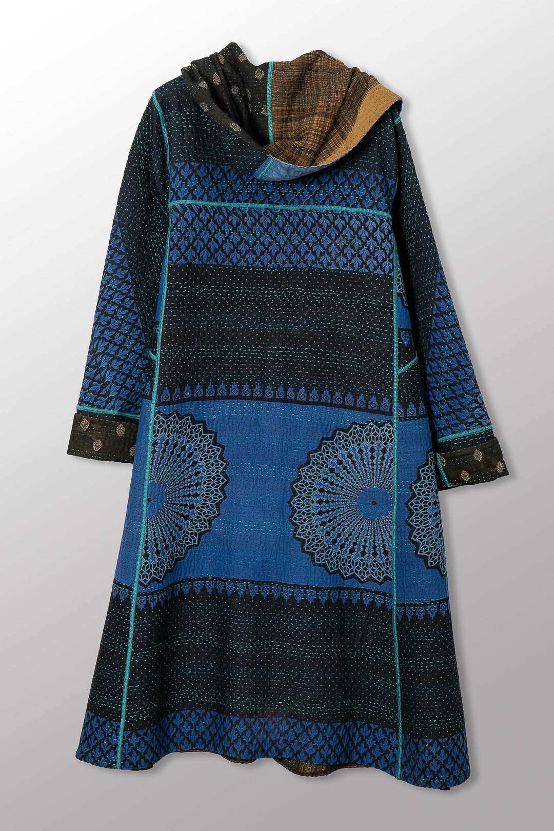VINTAGE SILK GEORGETTE COTTON KANTHA HOODED A-LINE LONG COAT - gc4306-0001a -