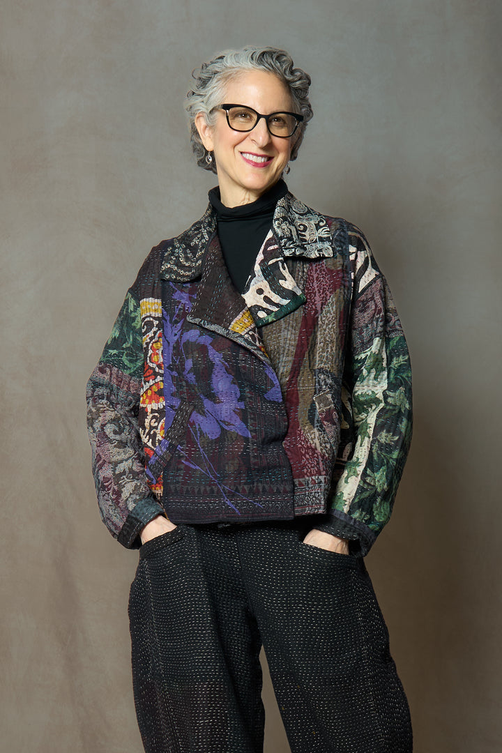 JACQUARD SILK KANTHA NEW LAPELED SHORT JACKET - js4j101-blk -