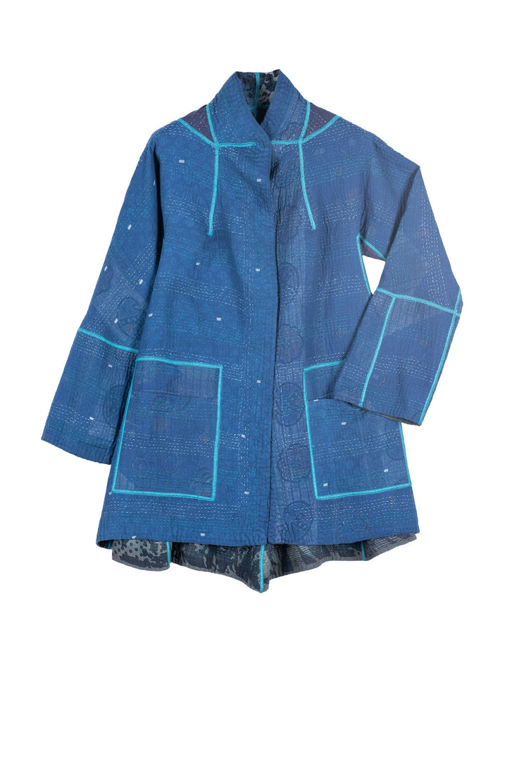 MONOTONE TWILIGHT PRINT KANTHA FLARE LONG JKT - tp4021-blu -