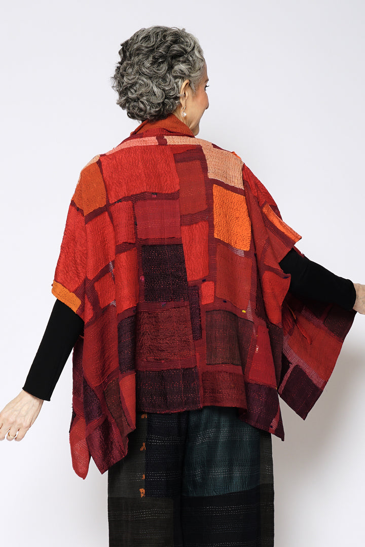 TONAL TILE PATCH KANTHA PONCHO TOP - tt2568-red -