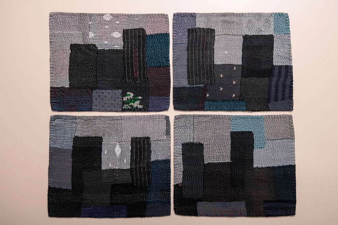 Landscape Fray Patch Vintage Kantha Placemat -Black (Set of 2)