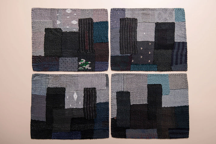 Landscape Fray Patch Vintage Kantha Placemat -Black (Set of 2)