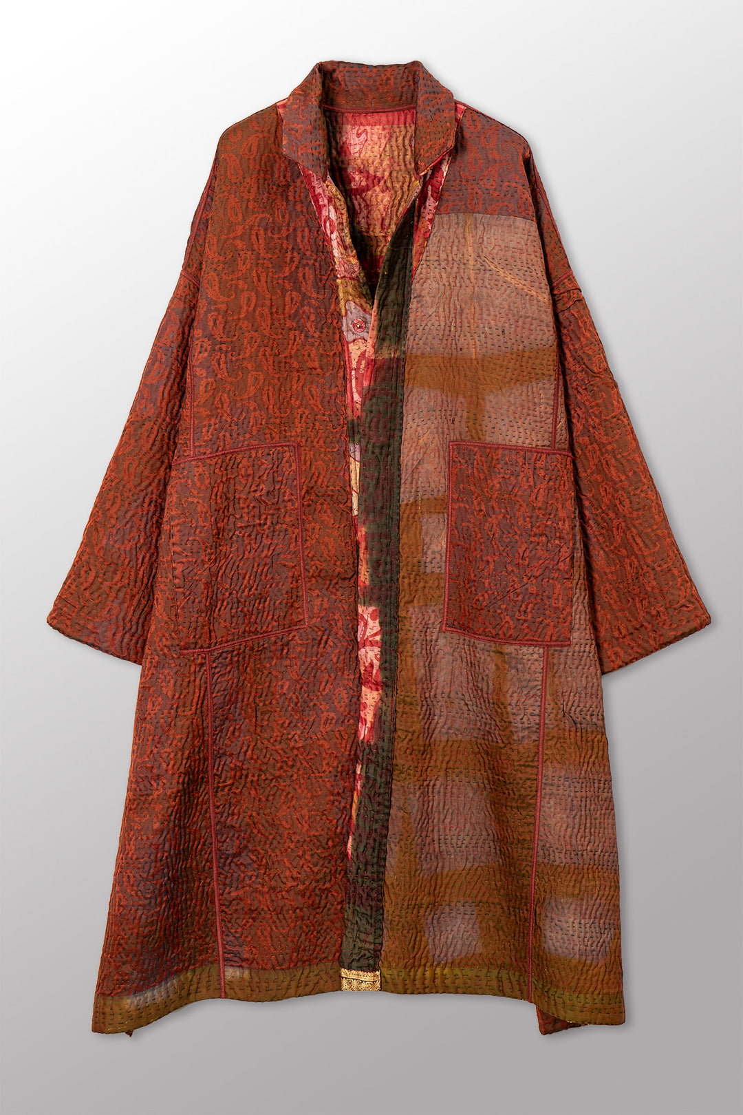VINTAGE PRINTED SILK CLAMP DYE WITH JACQUARD KANTHA NEW OVERSIZED COAT - sk4342-0004a -